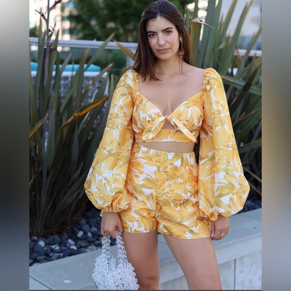 Yellow Floral Two-Piece Set with Puff Sleeves